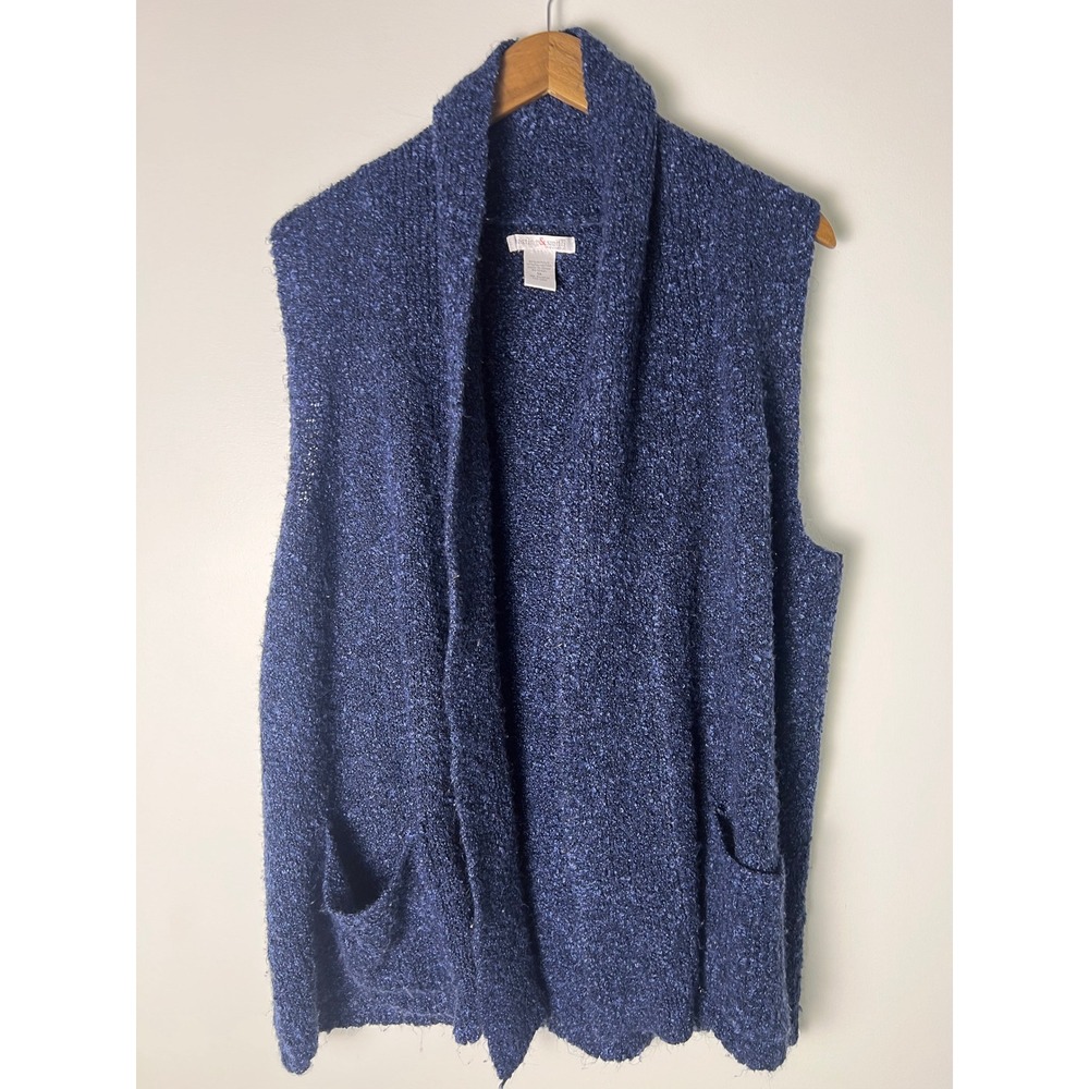 Hastings & Smith Sweater Vest Wm 1X Blue Open Front Shawl Collar Boucle Knit